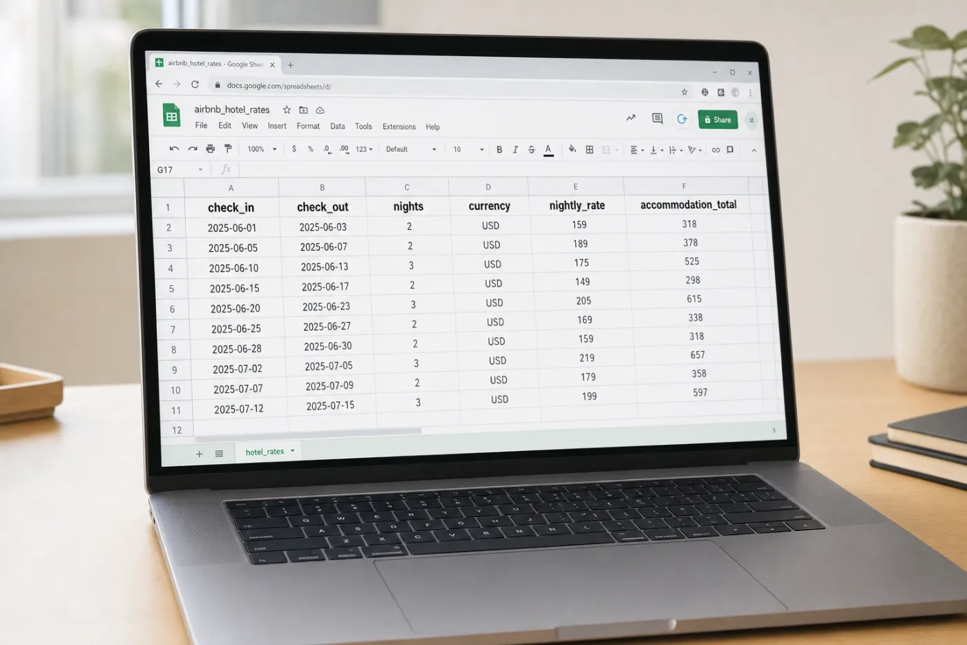 Google Sheets showing Airbnb rates
