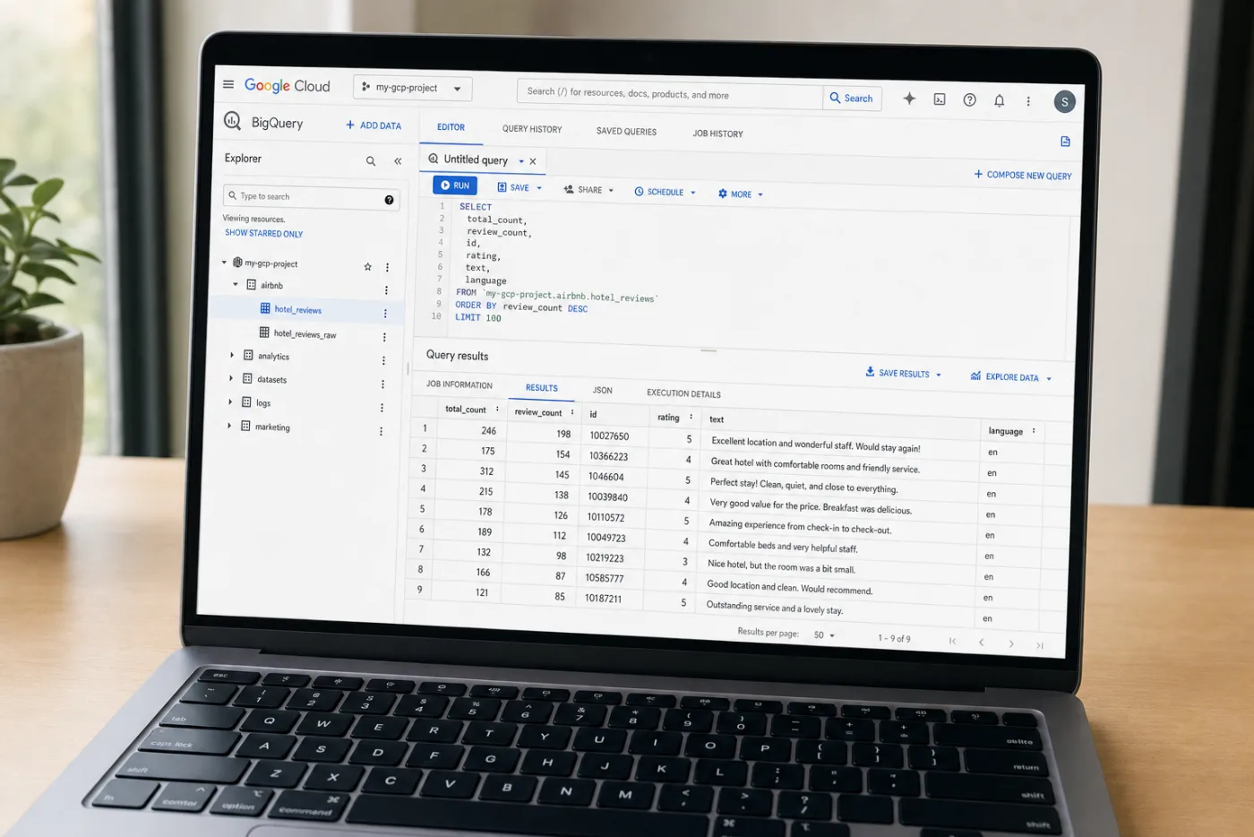 BigQuery showing Airbnb reviews