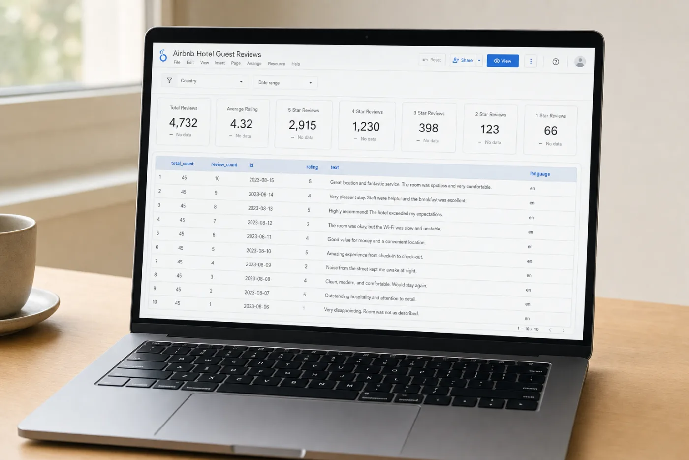 Looker Studio showing Airbnb reviews