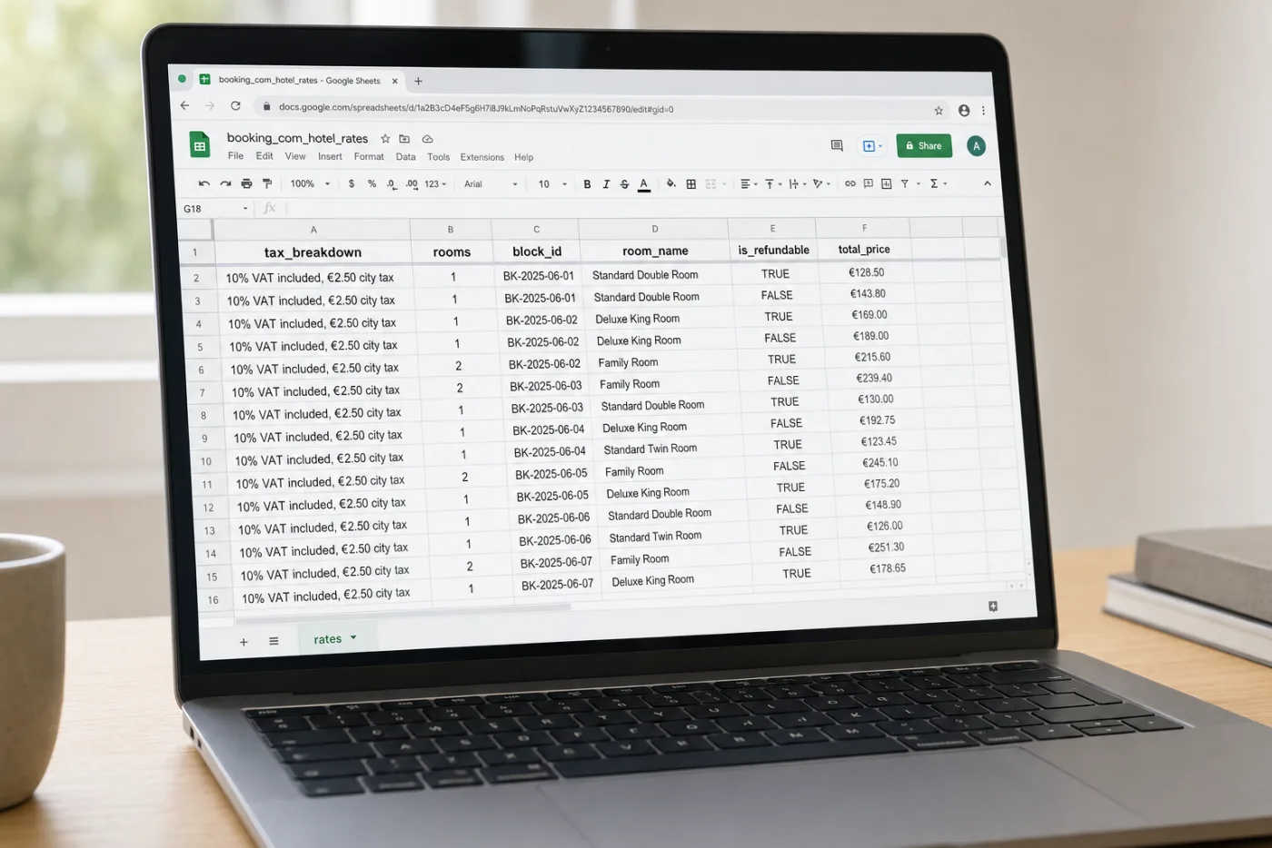 Google Sheets showing Booking.com rates