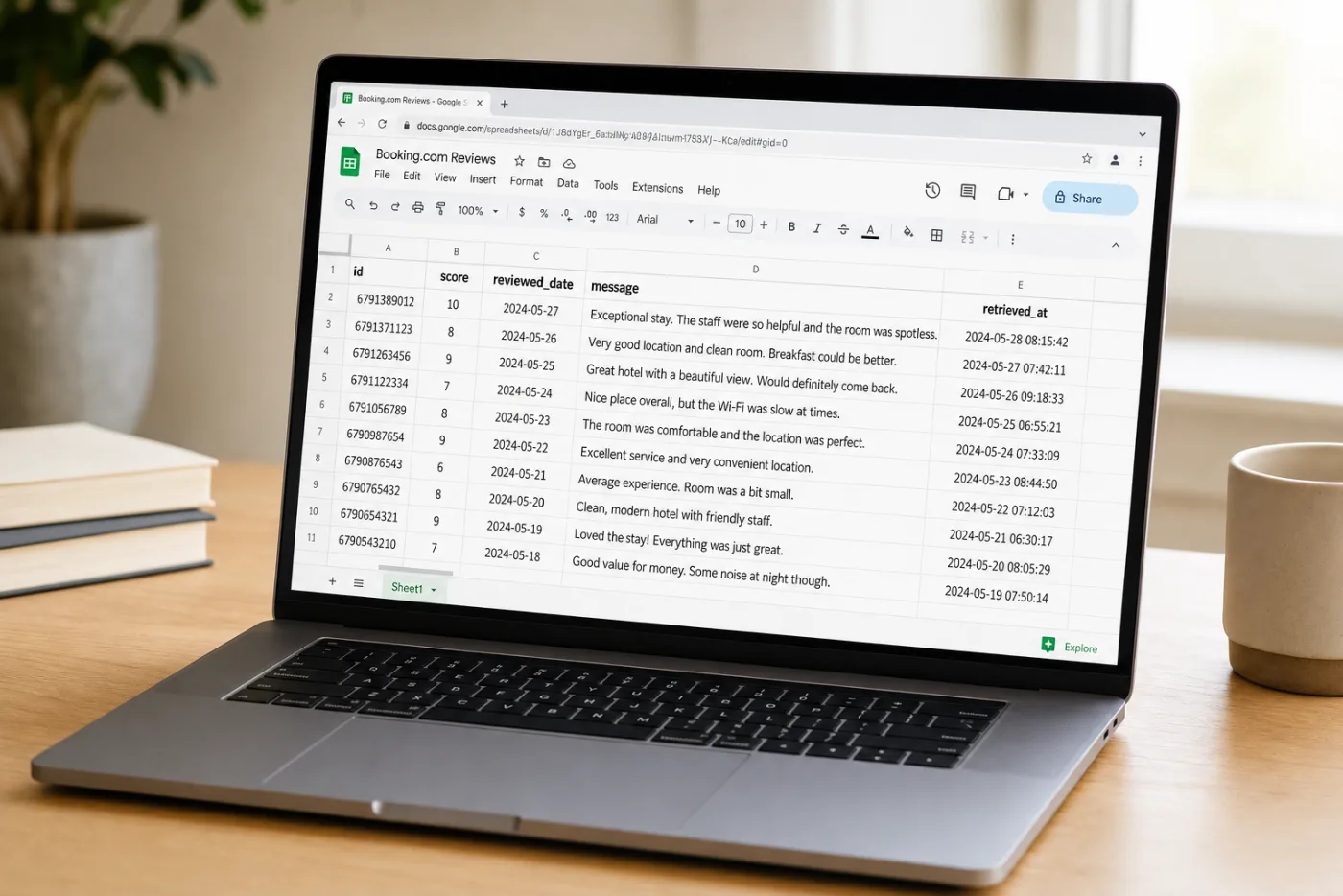 Google Sheets showing Booking.com reviews