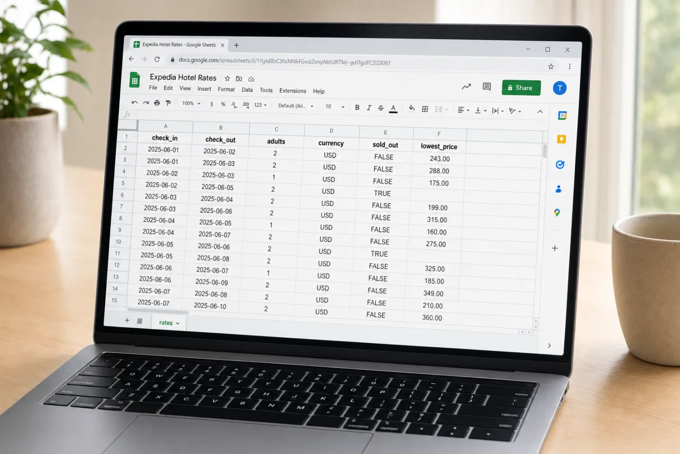 Google Sheets showing Expedia rates