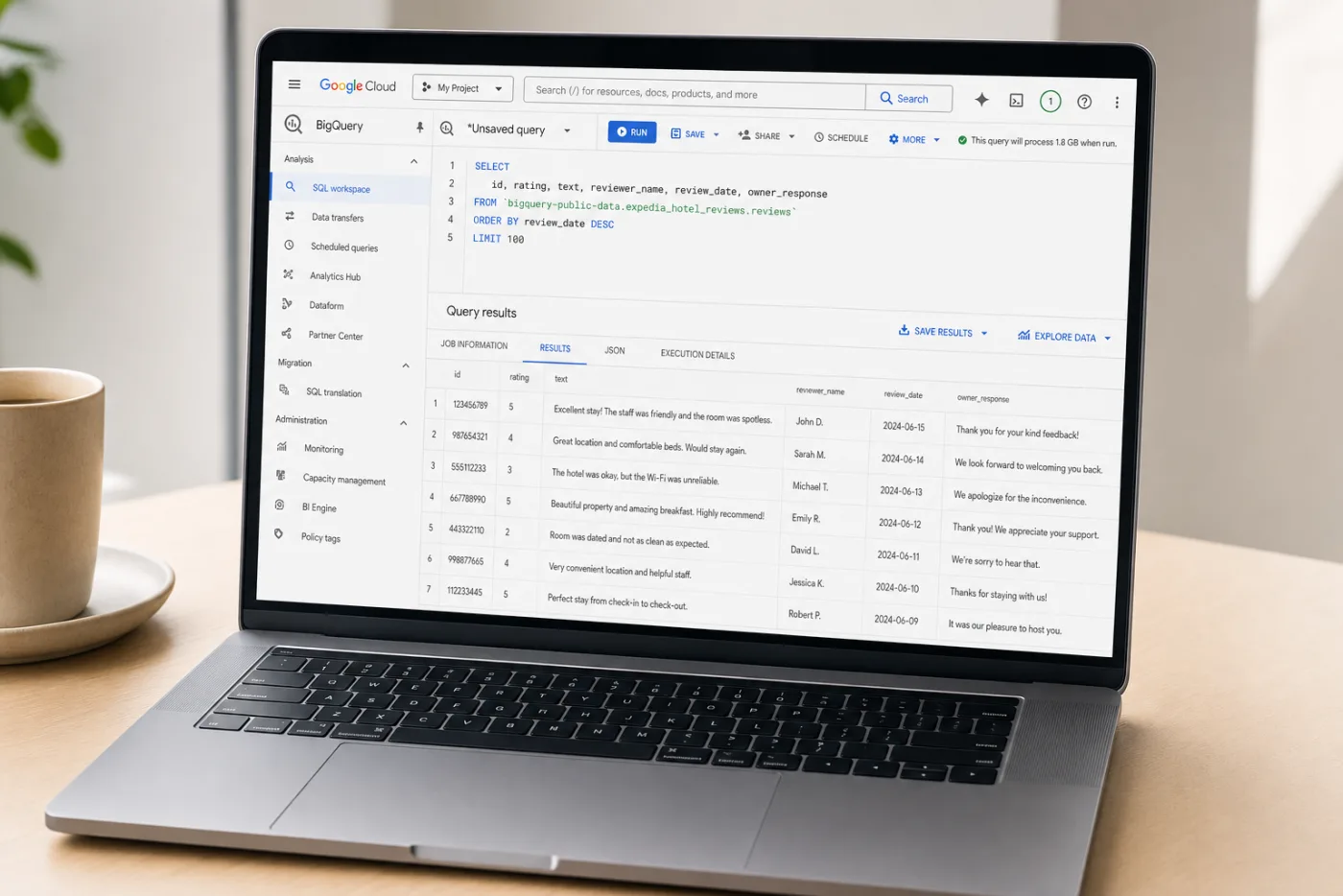 BigQuery showing Expedia reviews