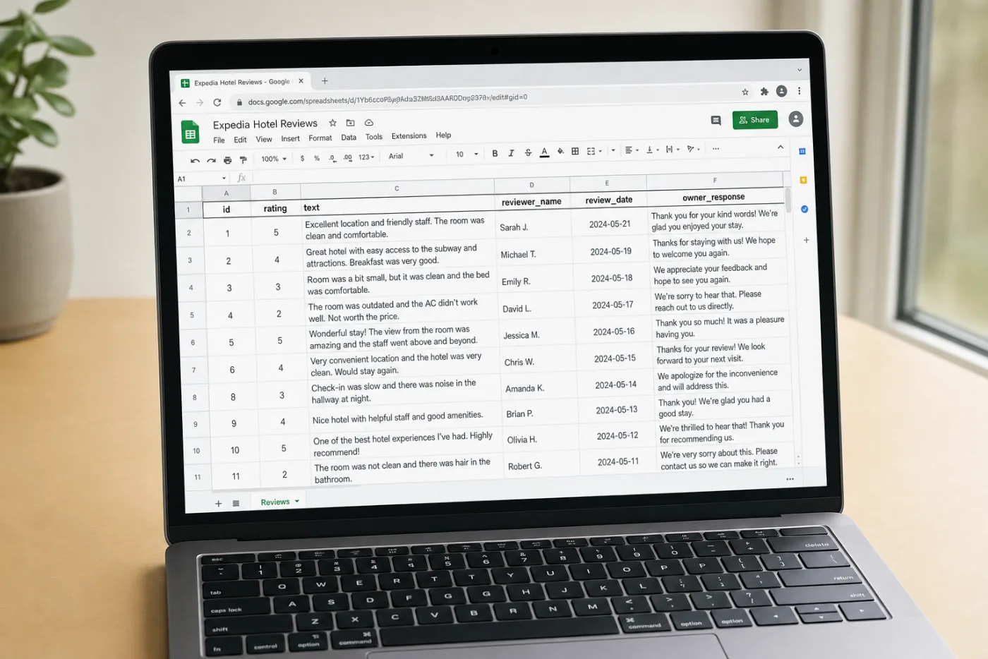 Google Sheets showing Expedia reviews