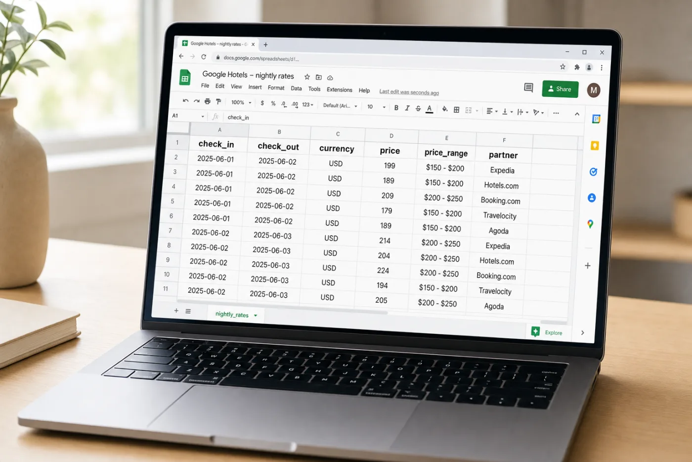 Google Sheets showing Google Hotels rates