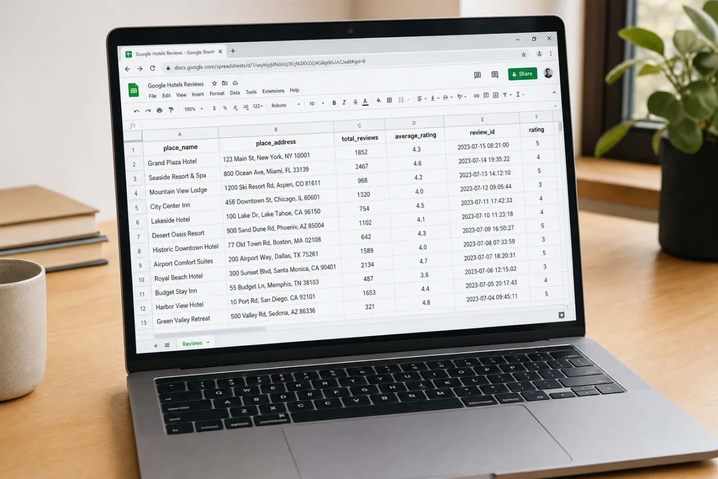 Google Sheets showing Google Hotels reviews