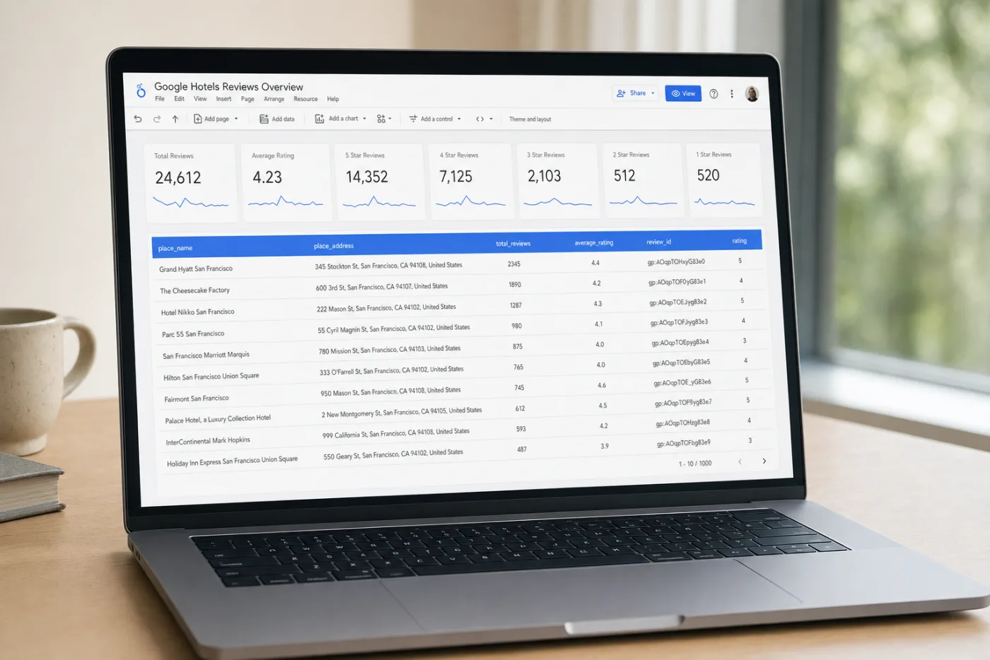 Looker Studio showing Google Hotels reviews