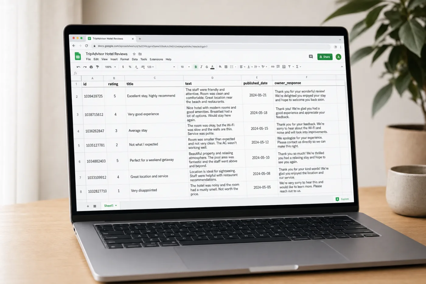 Google Sheets showing TripAdvisor reviews