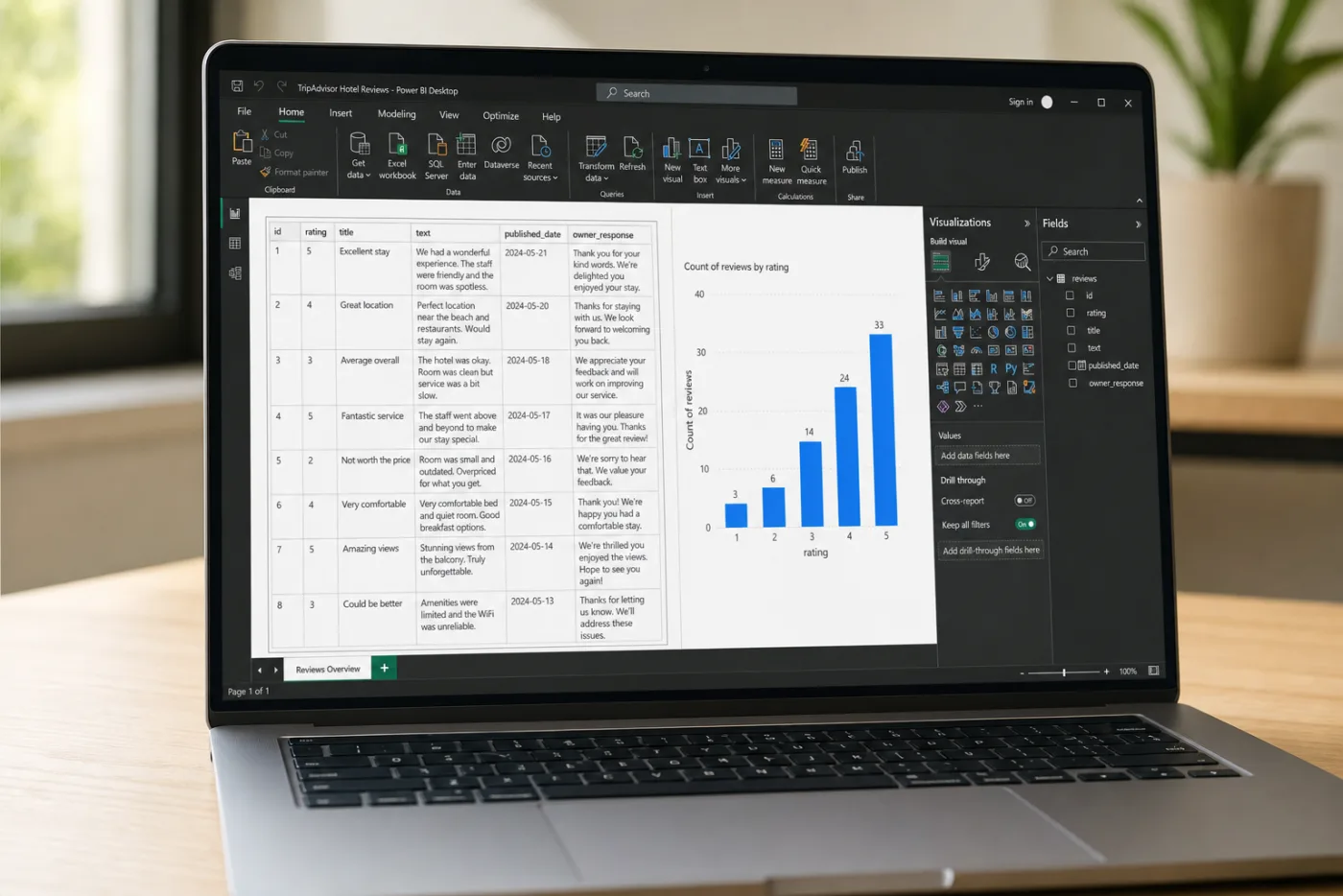 Power BI showing TripAdvisor reviews