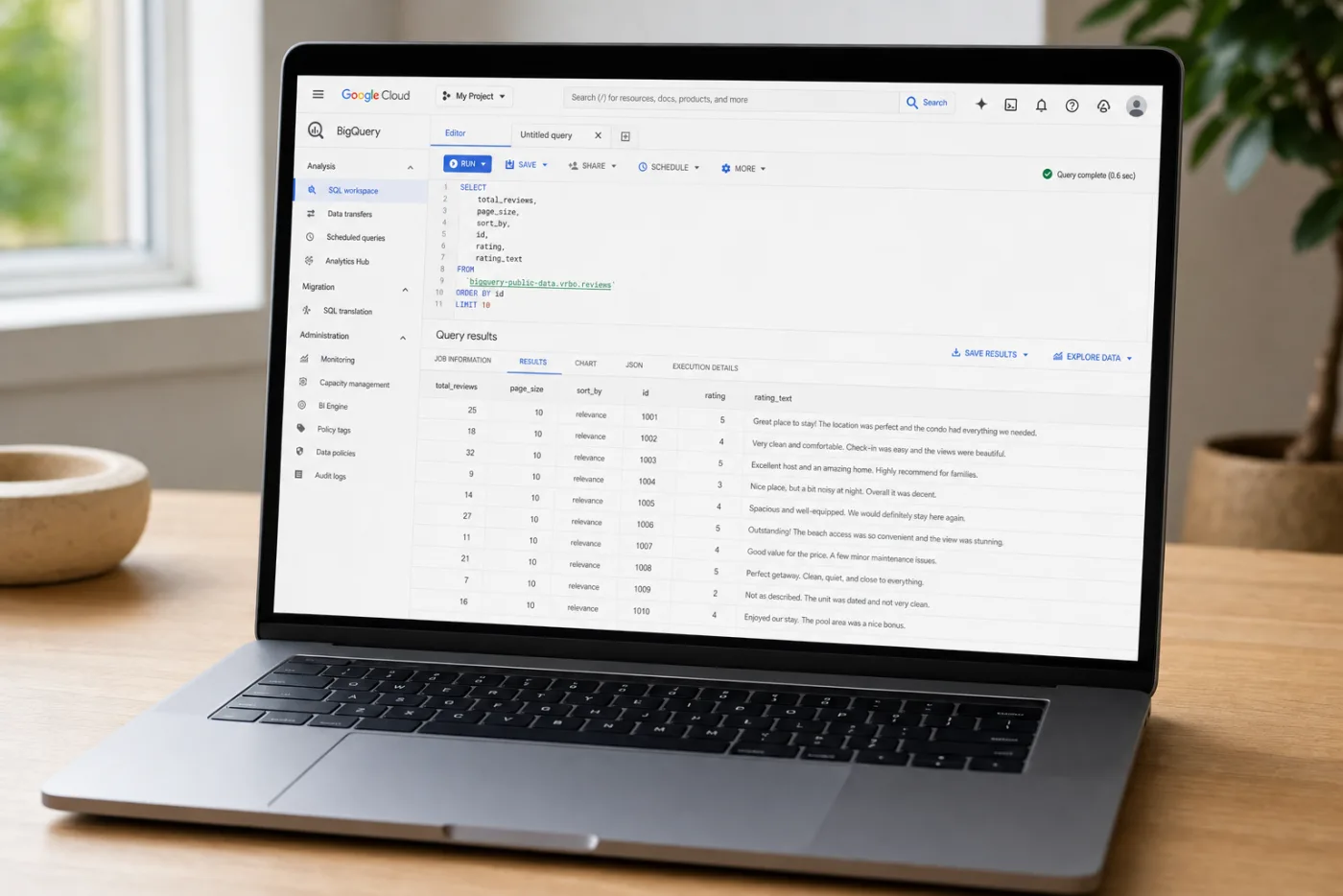 BigQuery showing VRBO reviews