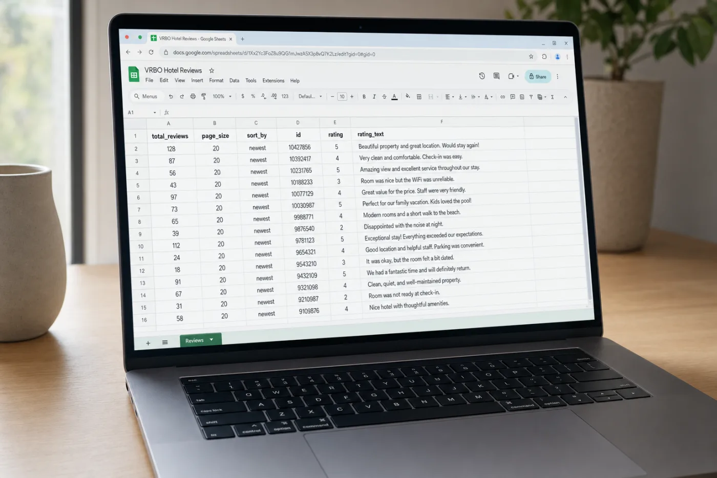 Google Sheets showing VRBO reviews