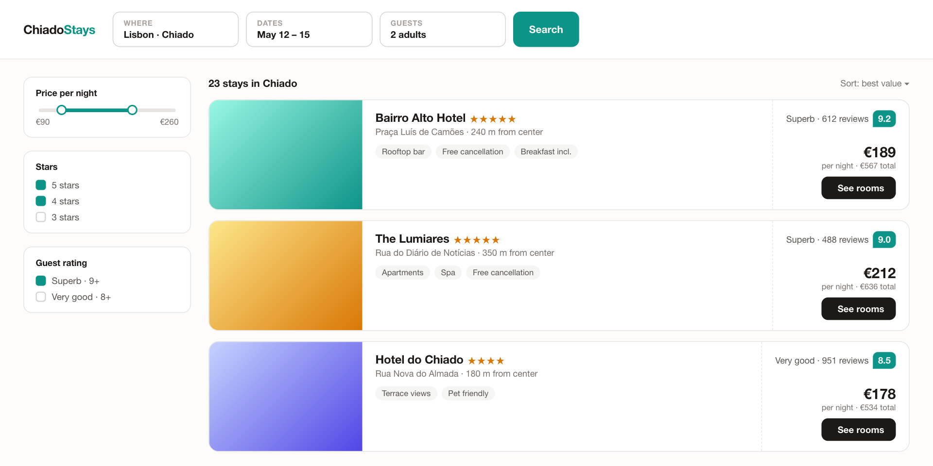 Guest-facing hotel search: filters, star ratings, live prices and review scores for Lisbon stays